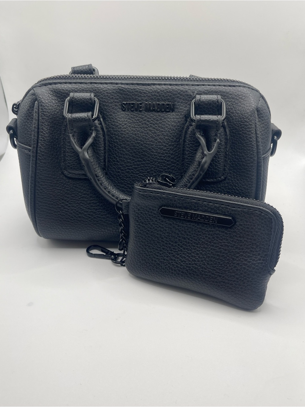 Steve Madden Mini Black Faux Leather Bag With Matching Wallet.